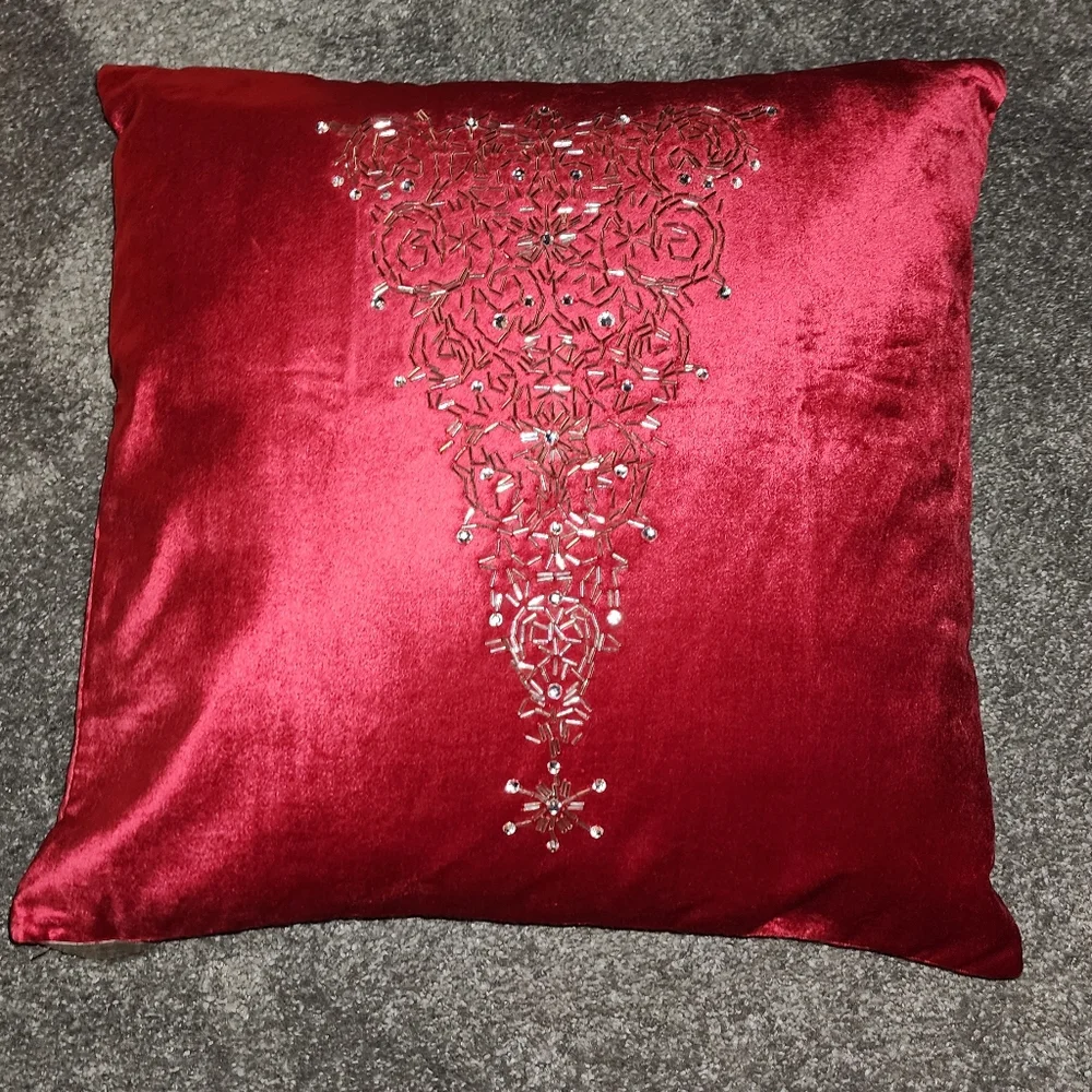 Pier 1 Imports pillow, Silver Beaded Tree on Red Velvet, NWT! 14